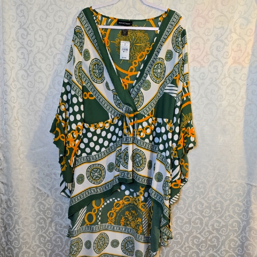 Milly Green and Gold Patterned High Low Sheer Blouse